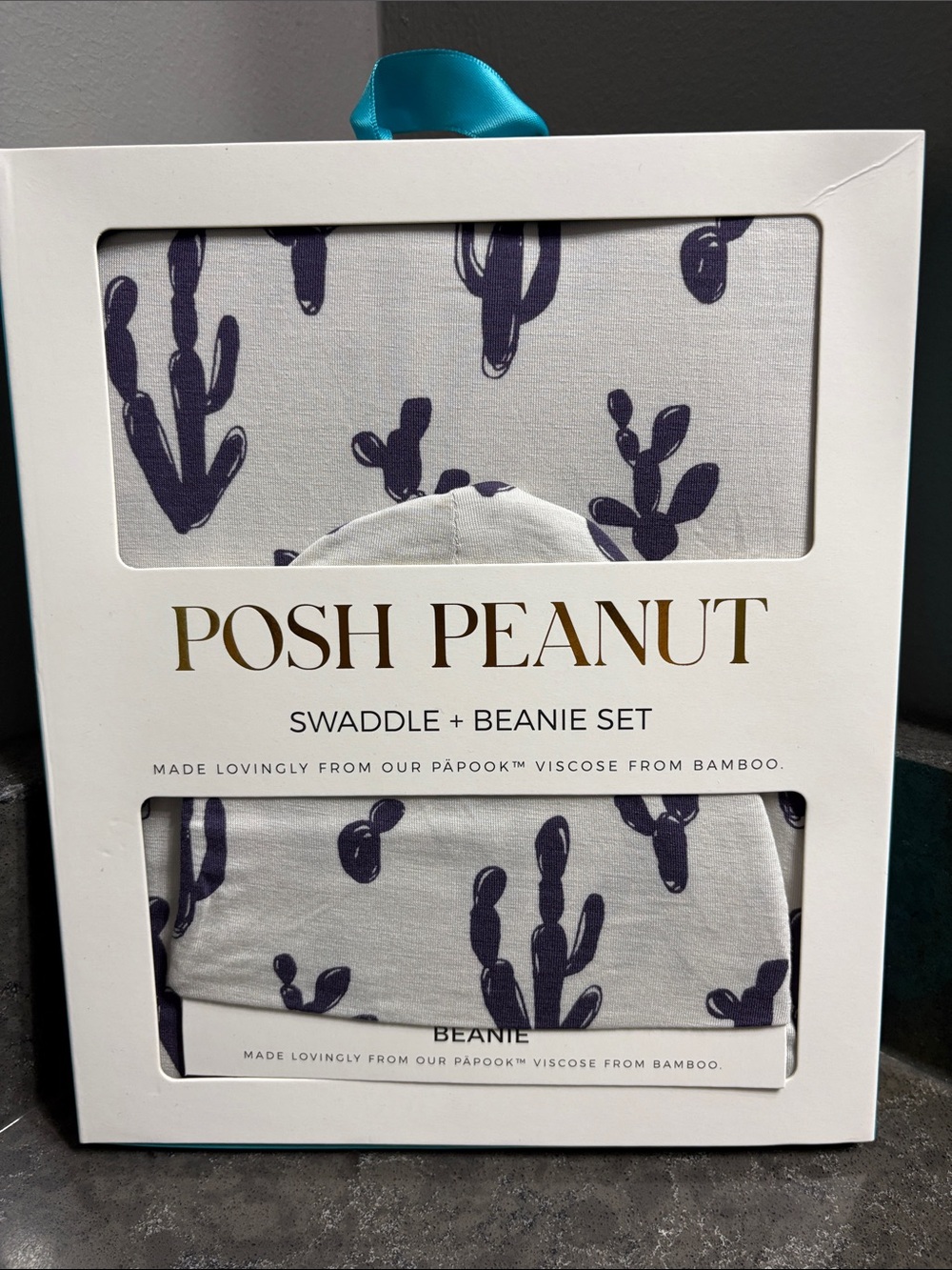 Posh Peanut Gray & Navy Cactus Swaddle and Beanie Set